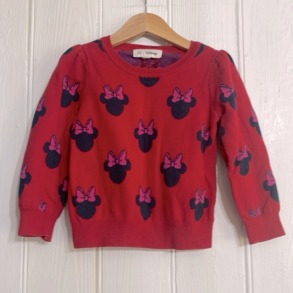 GAP x DISNEY EUC 100% Cotton Minnie Mouse Bow Puff Shoulders Red Pink Sweater - Picture 2 of 2